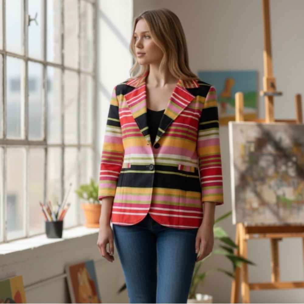 Nue Options Stripe Blazer Size Large With Black Shirt Sleeve T Shirt